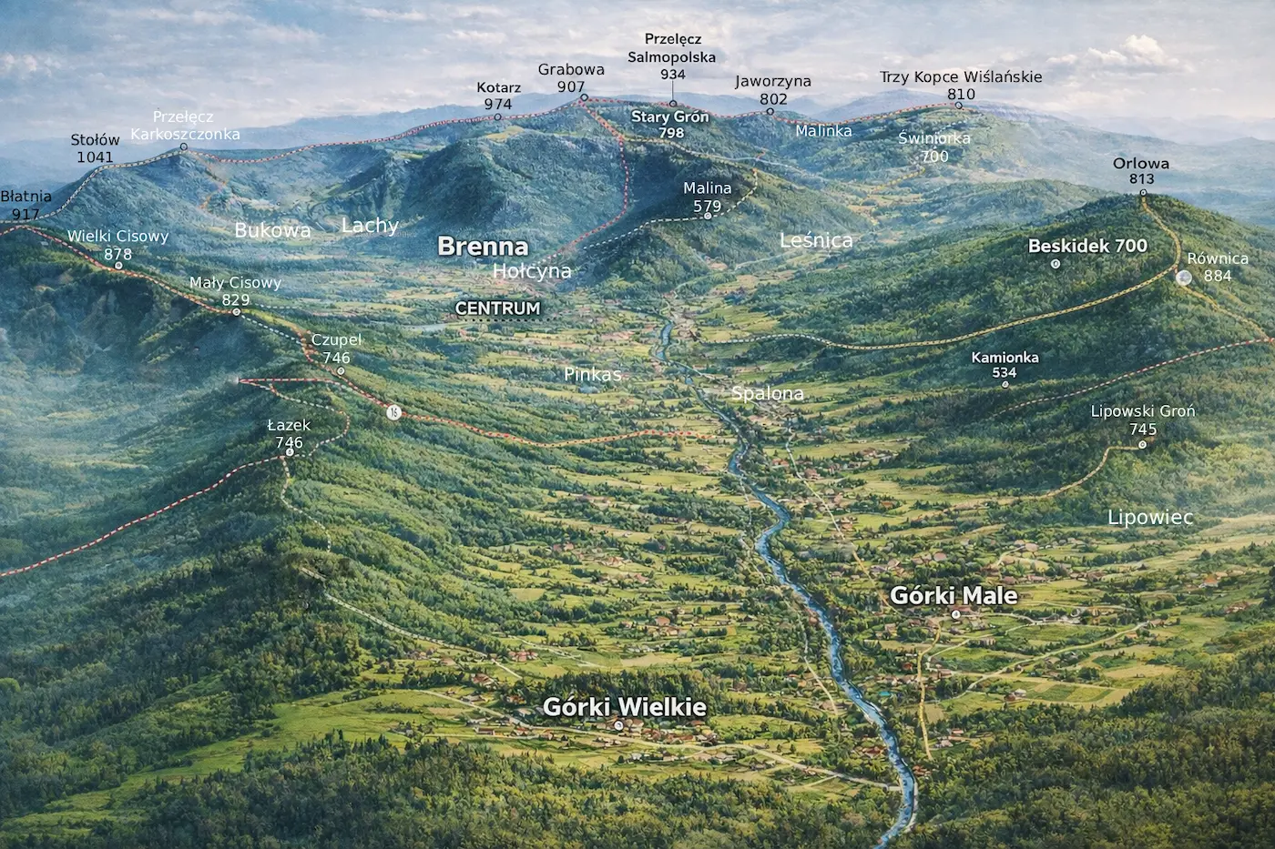 Mapa Brennej z dzielnicami: Centrum, Hołcyna, Bukowa, Leśnica, Górki Małe, Górki Wielkie